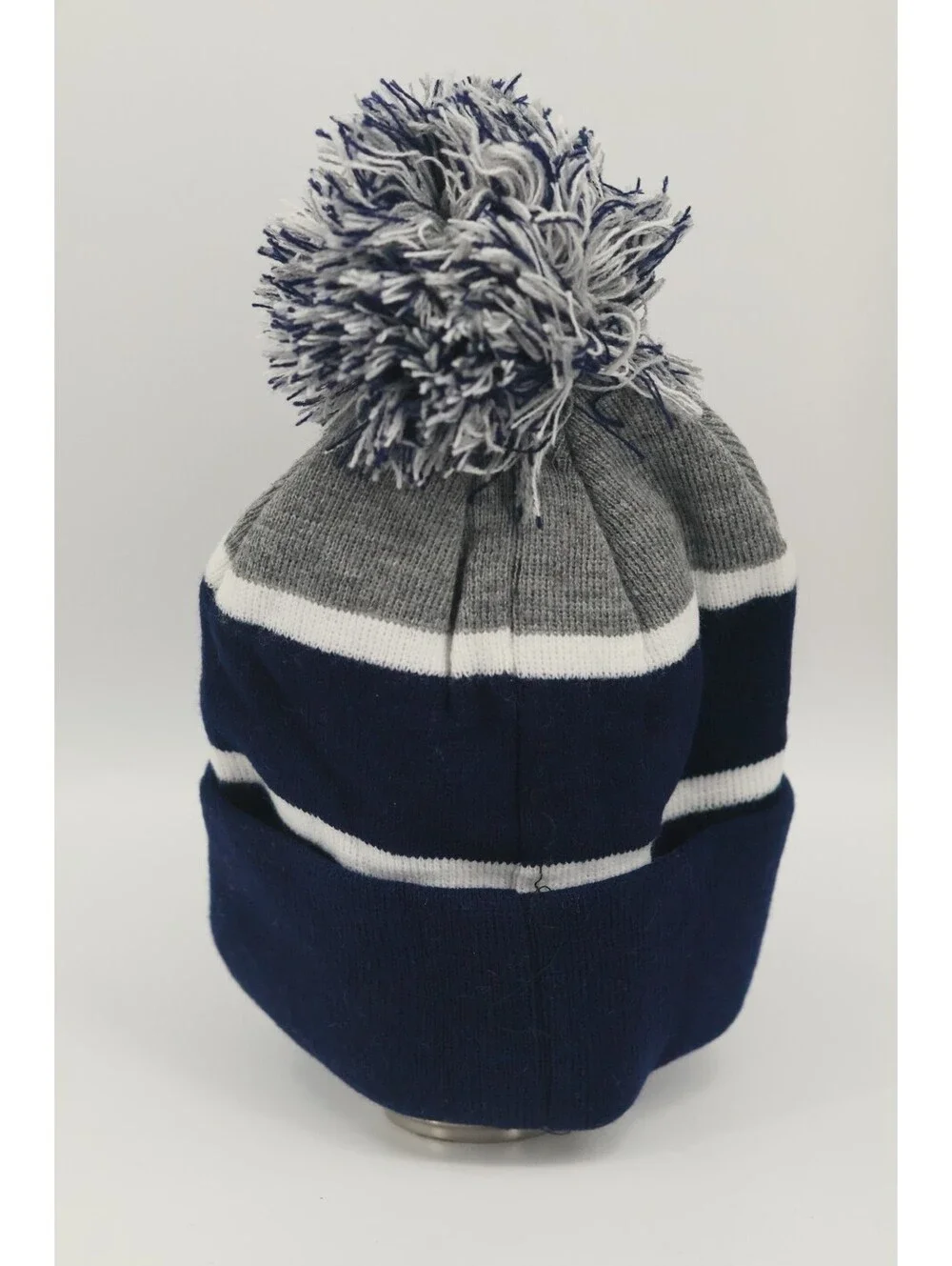 Dallas Knit Beanie Hat Navy Silver Gray White Pom Pom Winter Cuffed Toque Adult